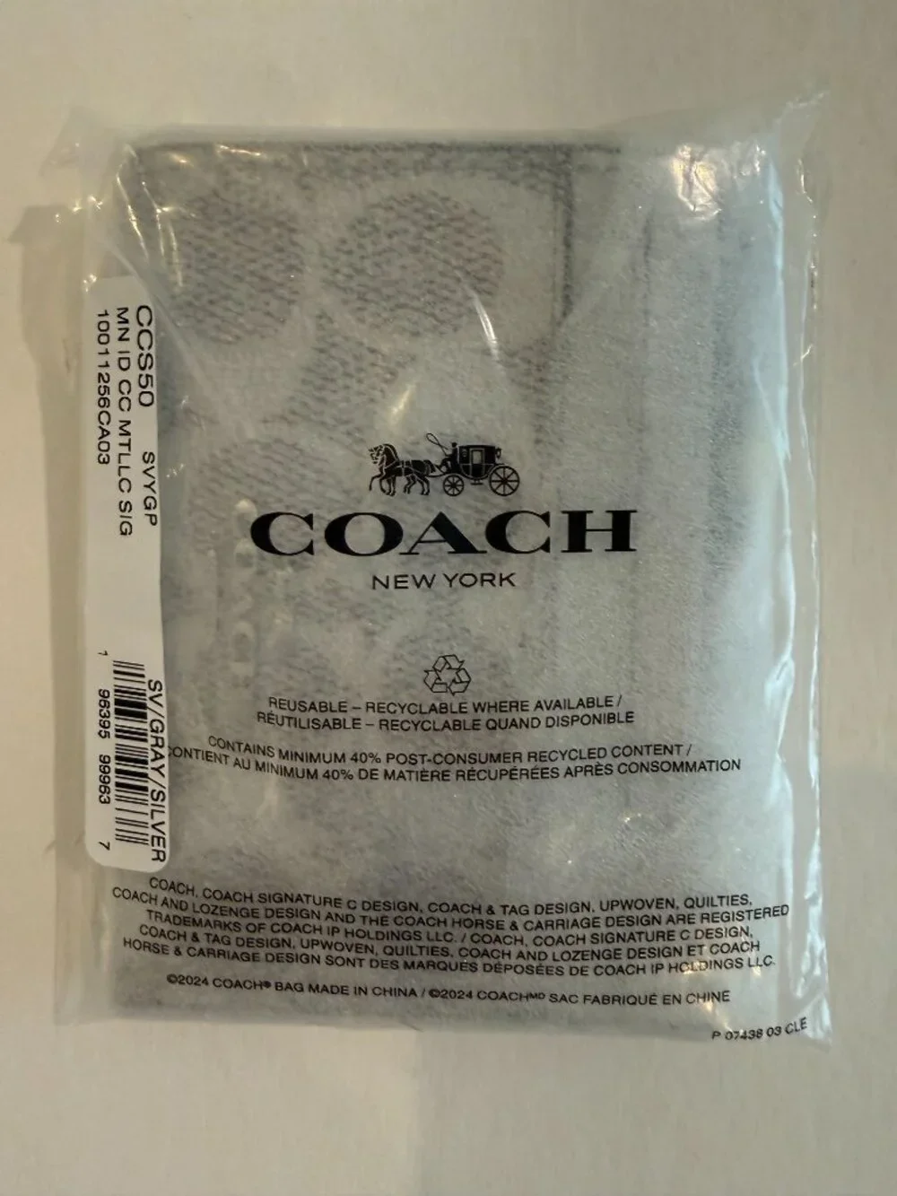 Coach Min/Skinny ID Case Card Holder Signature Canvas key chain/ Wallet Silver